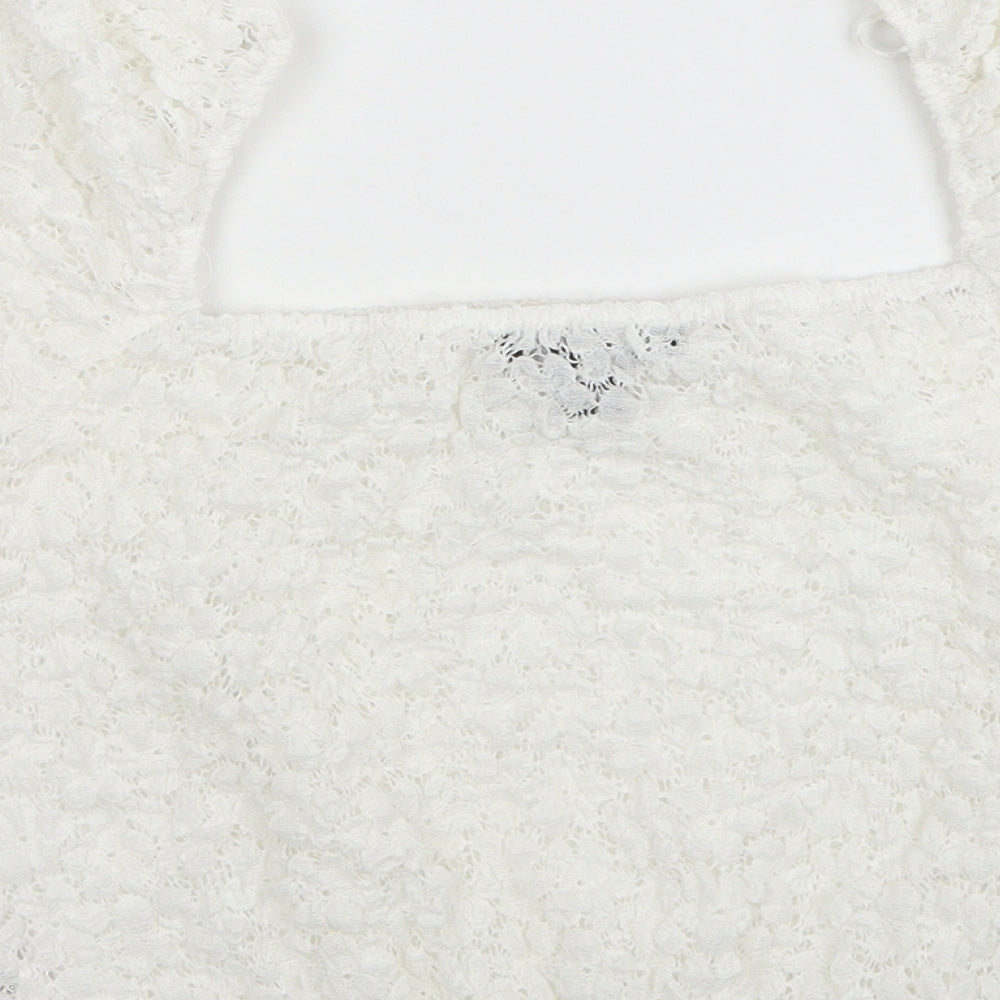 Primark Womens White Floral Polyester Cropped Blouse Size 12 Square Neck