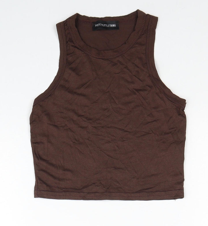 PRETTYLITTLETHING Womens Brown Viscose Basic Tank Size 4 Round Neck