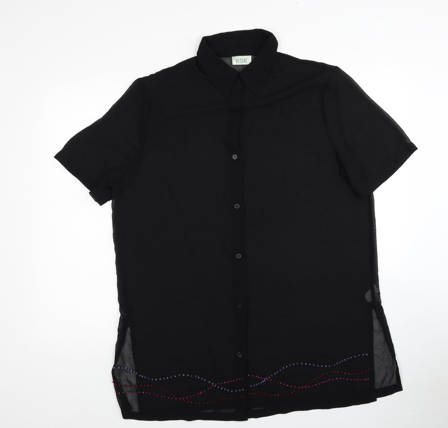 Resort Womens Black Polyester Basic Button-Up Size 14 Collared