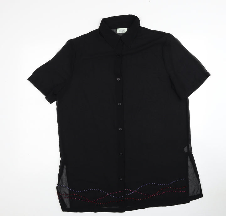 Resort Womens Black Polyester Basic Button-Up Size 14 Collared