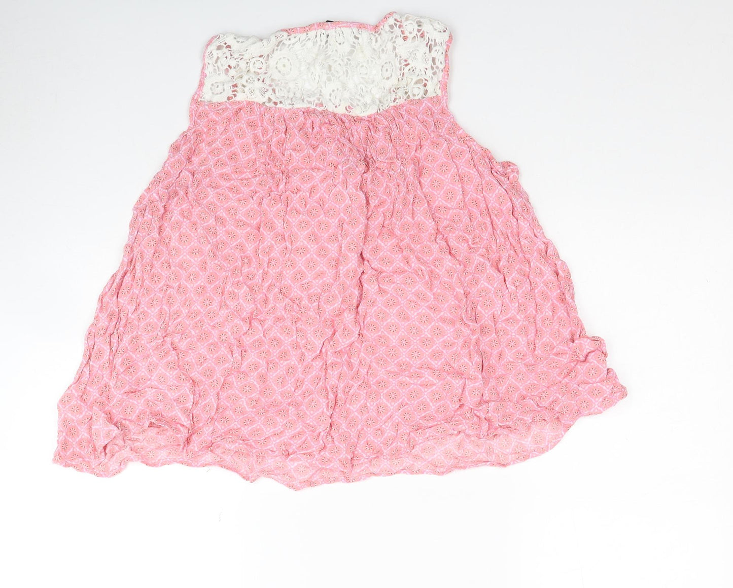 NEXT Womens Pink Geometric Viscose Basic Tank Size 16 Round Neck - Lace Detail