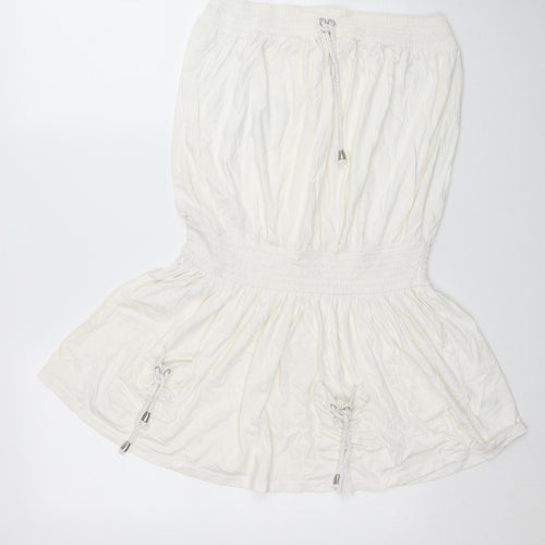 NEXT Womens White Cotton Mini Size 16 Off the Shoulder Pullover - Shirred Waist