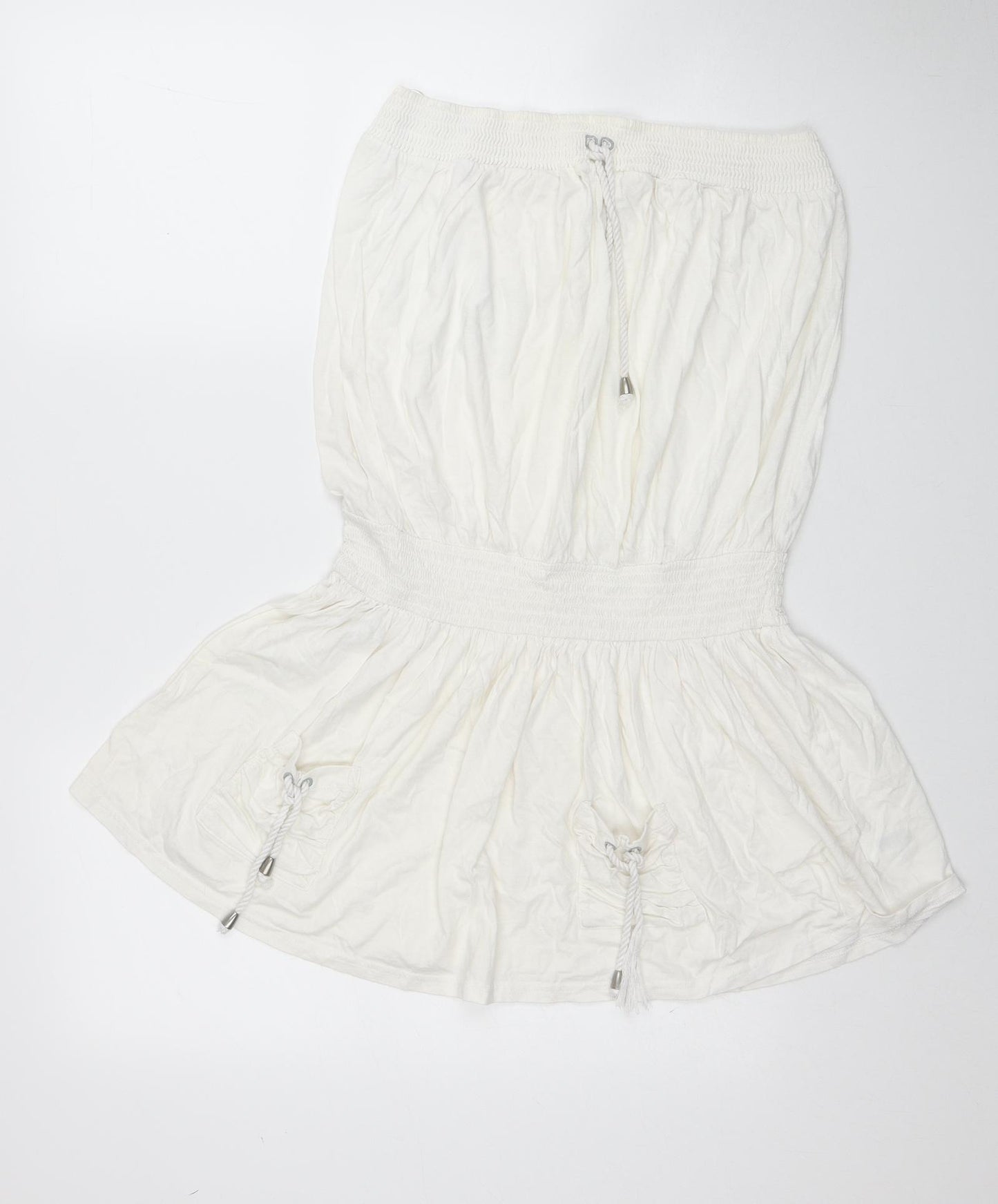 NEXT Womens White Cotton Mini Size 16 Off the Shoulder Pullover - Shirred Waist