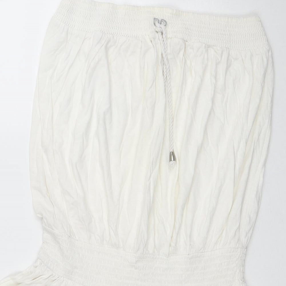 NEXT Womens White Cotton Mini Size 16 Off the Shoulder Pullover - Shirred Waist