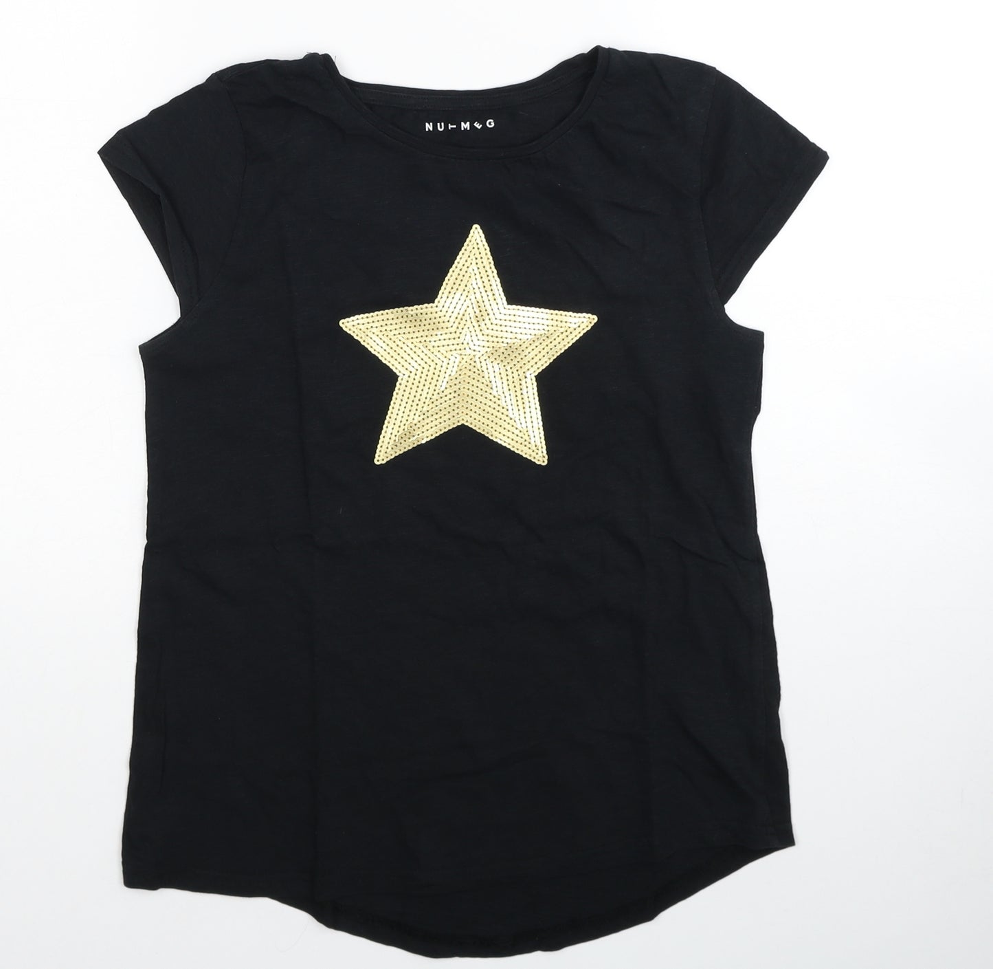 Nutmeg Girls Black Cotton Basic T-Shirt Size 13-14 Years Round Neck Pullover - Star