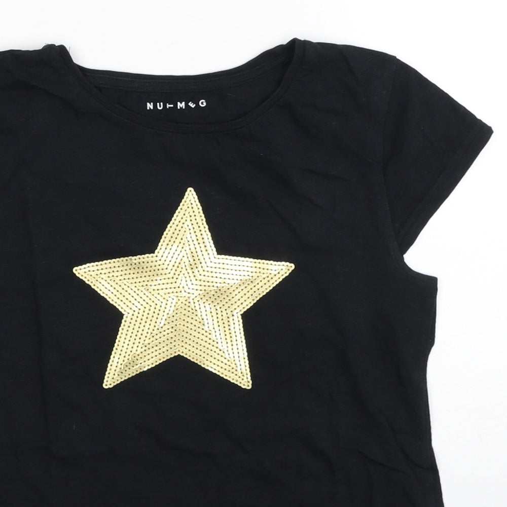 Nutmeg Girls Black Cotton Basic T-Shirt Size 13-14 Years Round Neck Pullover - Star