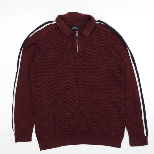 NEXT Mens Red Collared Cotton Pullover Jumper Size M Long Sleeve - Sleeve Stripe Detail