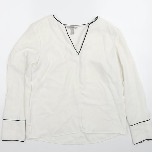 H&M Womens White Polyester Basic Blouse Size 10 V-Neck