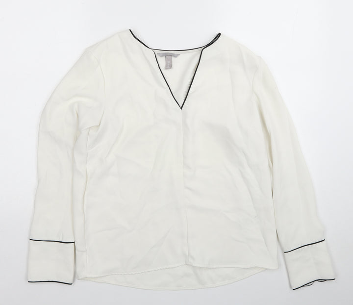 H&M Womens White Polyester Basic Blouse Size 10 V-Neck