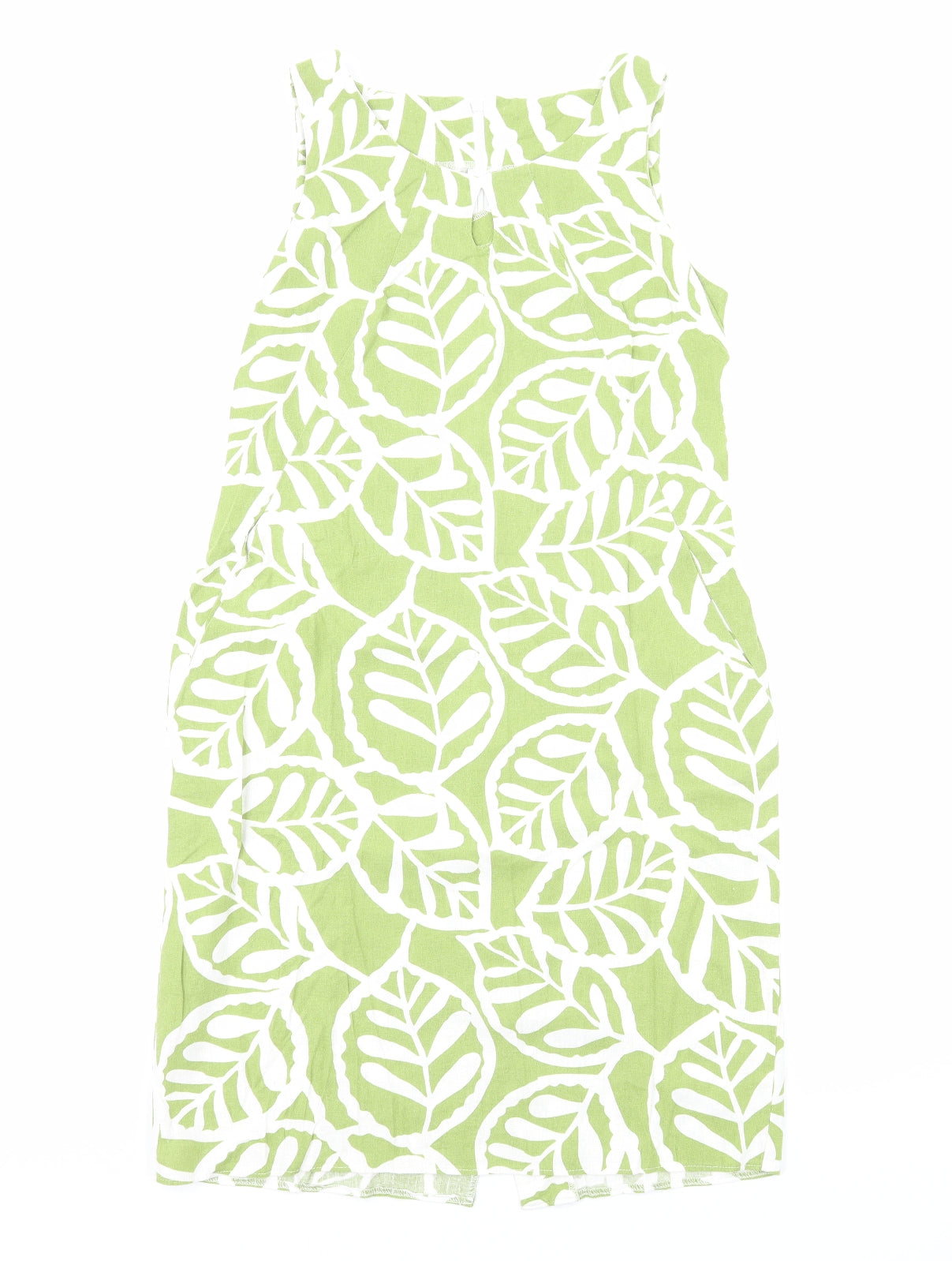 Preworn Womens Green Geometric Linen Shift Size 12 Boat Neck Zip - Leaf Pattern