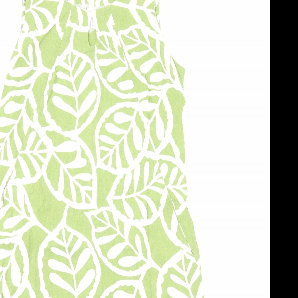 Preworn Womens Green Geometric Linen Shift Size 12 Boat Neck Zip - Leaf Pattern