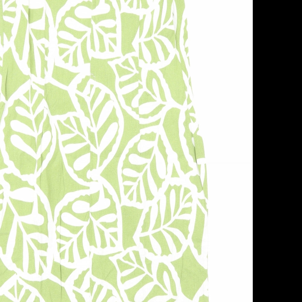 Preworn Womens Green Geometric Linen Shift Size 12 Boat Neck Zip - Leaf Pattern