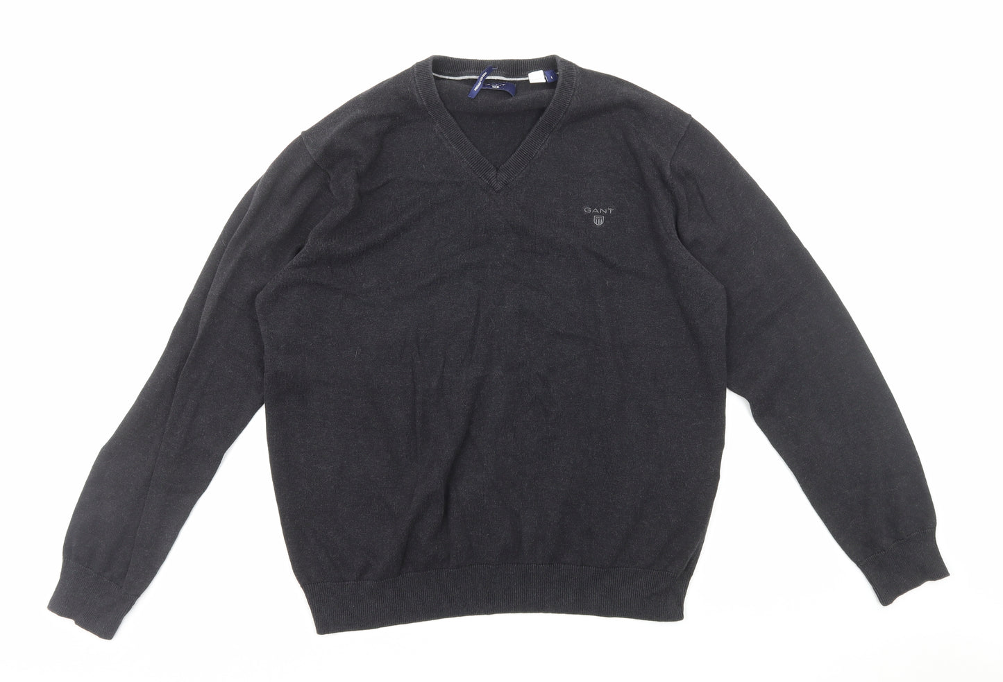 GANT Mens Grey V-Neck Cotton Pullover Jumper Size L Long Sleeve