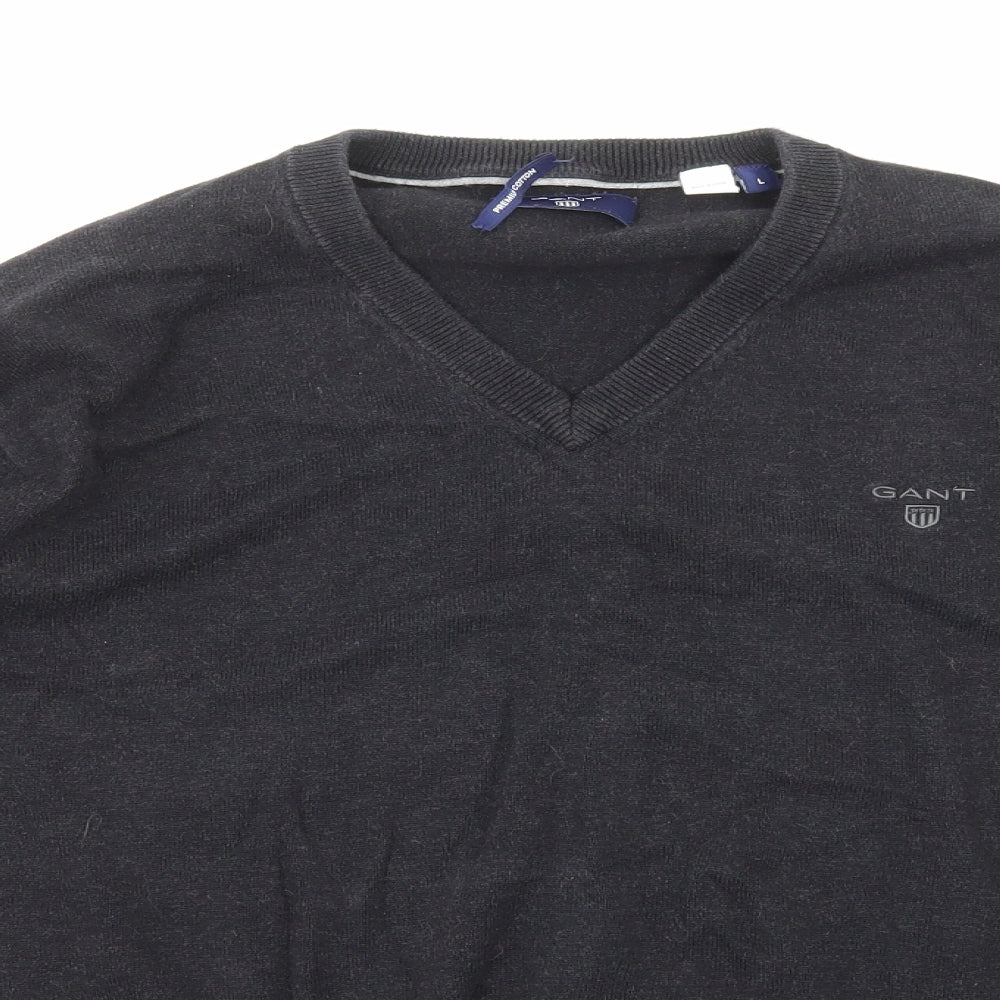 GANT Mens Grey V-Neck Cotton Pullover Jumper Size L Long Sleeve