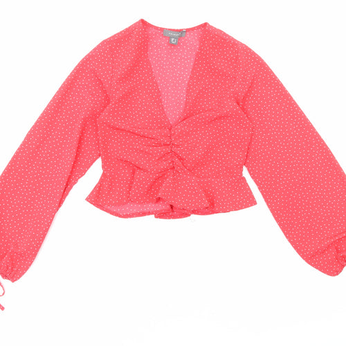 Primark Womens Red Polka Dot Polyester Cropped Blouse Size 4 V-Neck