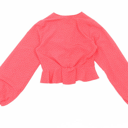Primark Womens Red Polka Dot Polyester Cropped Blouse Size 4 V-Neck