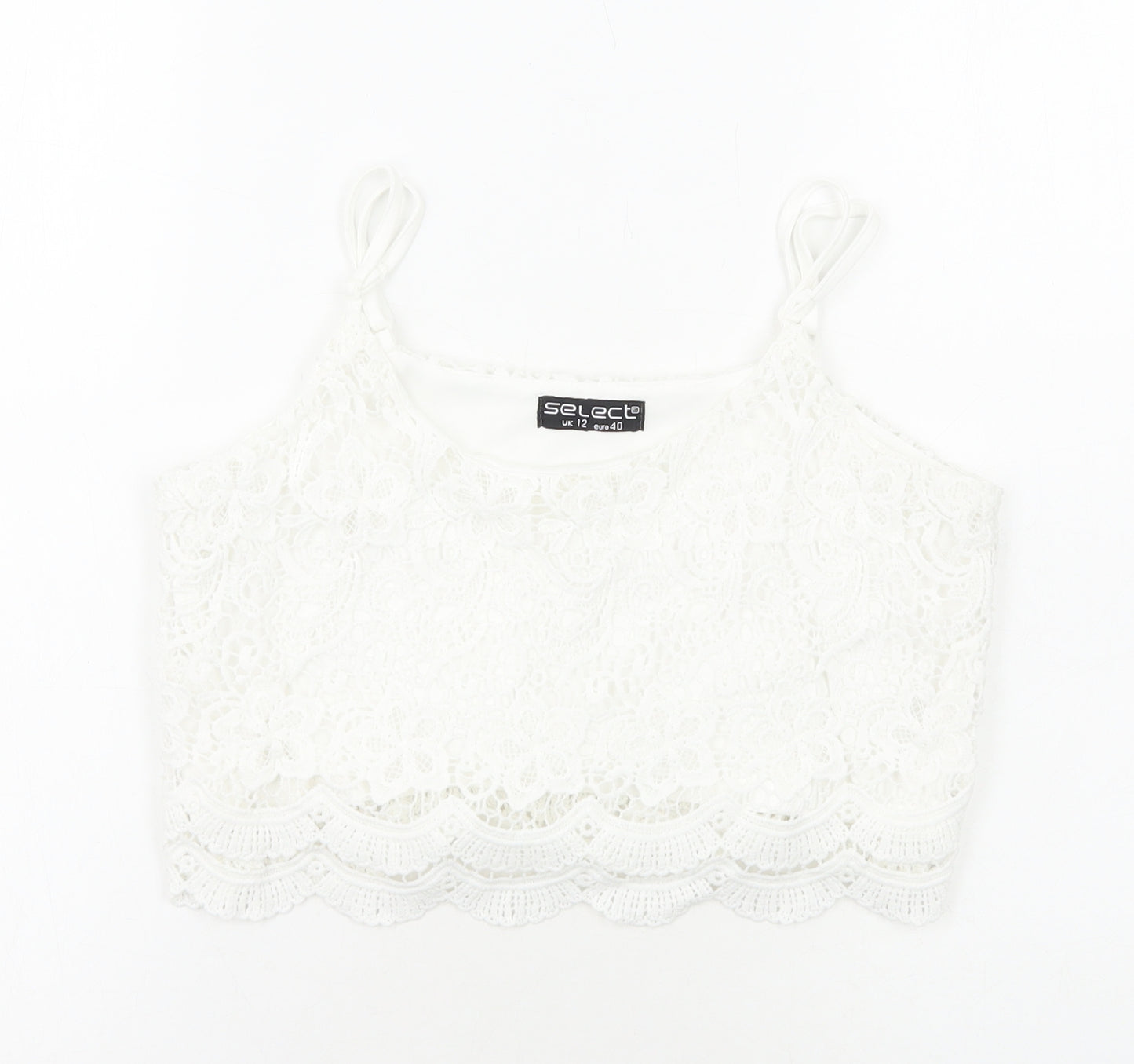 Select Womens White Geometric Viscose Cropped Tank Size 12 Round Neck