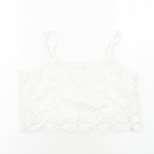 Select Womens White Geometric Viscose Cropped Tank Size 12 Round Neck