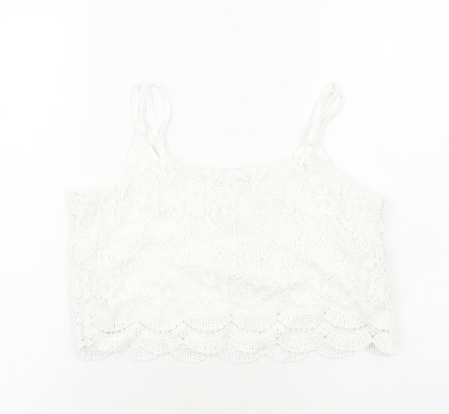 Select Womens White Geometric Viscose Cropped Tank Size 12 Round Neck