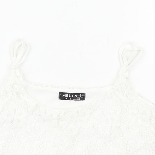 Select Womens White Geometric Viscose Cropped Tank Size 12 Round Neck