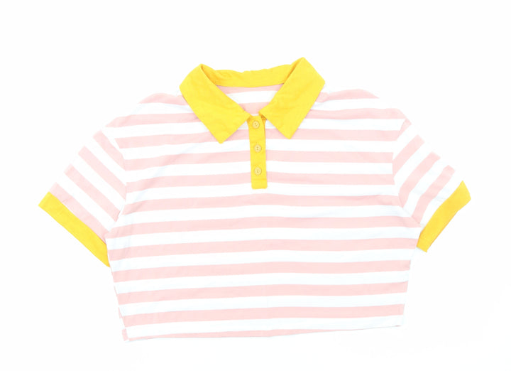 SheIn Womens Pink Striped Polyester Cropped Polo Size S Collared