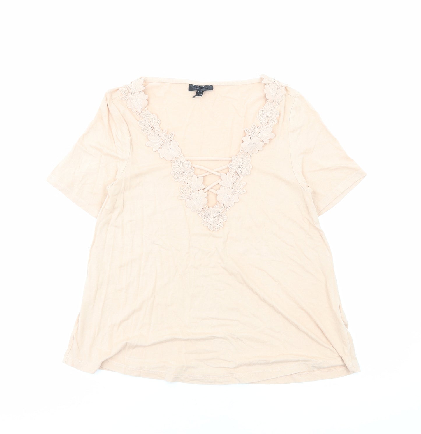 Topshop Womens Beige Viscose Basic T-Shirt Size 8 V-Neck - Floral Detail