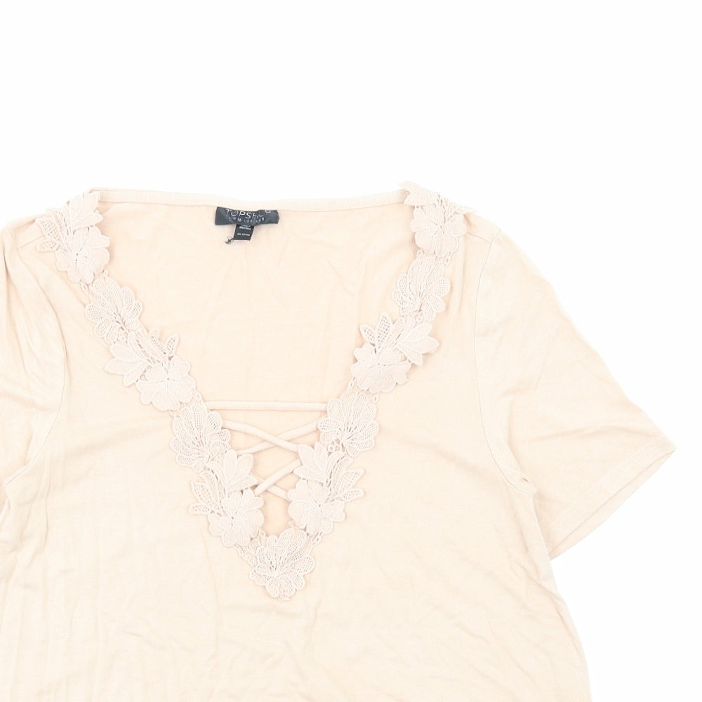 Topshop Womens Beige Viscose Basic T-Shirt Size 8 V-Neck - Floral Detail