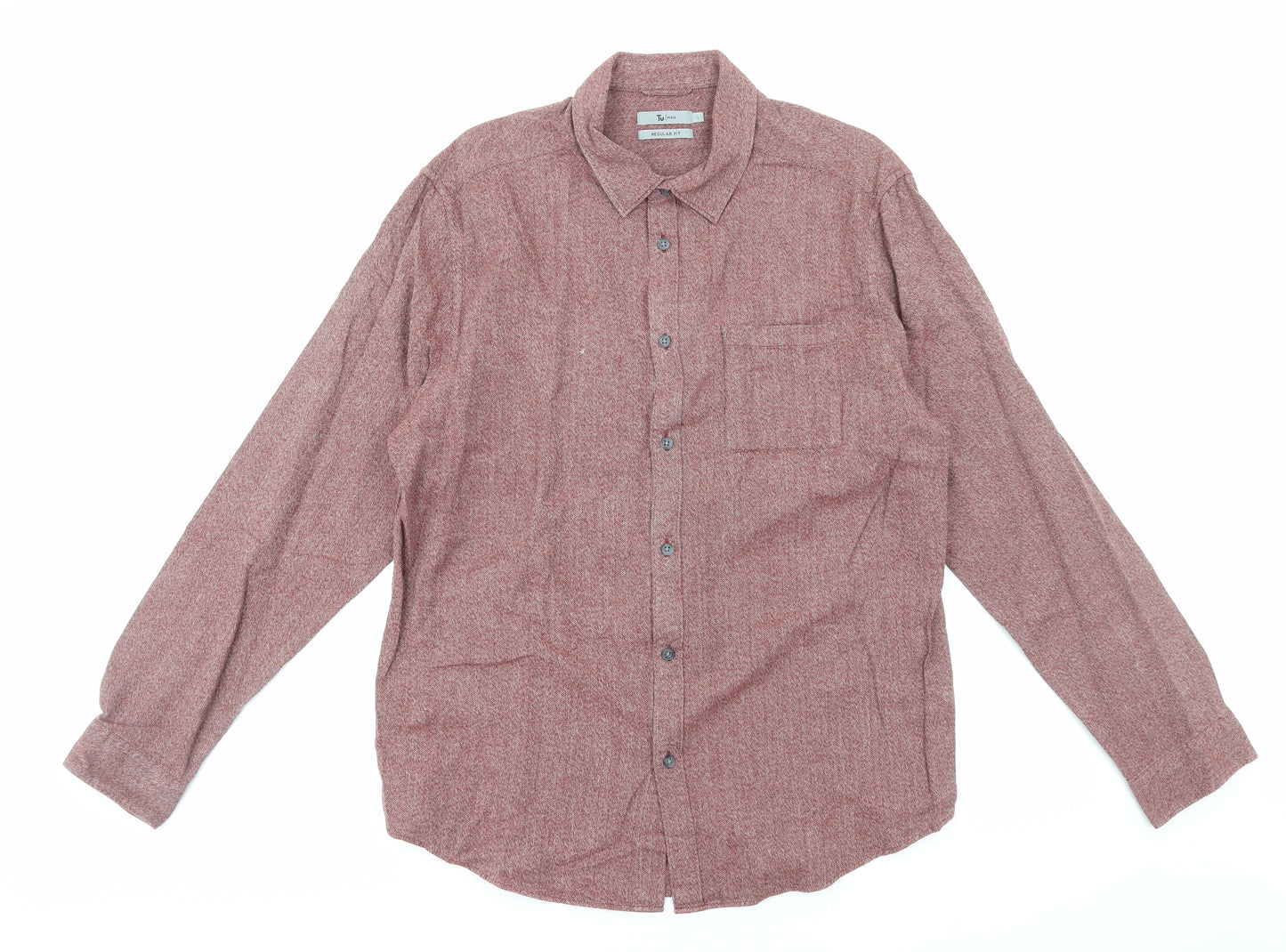 TU Mens Red Cotton Button-Up Size L Collared Button