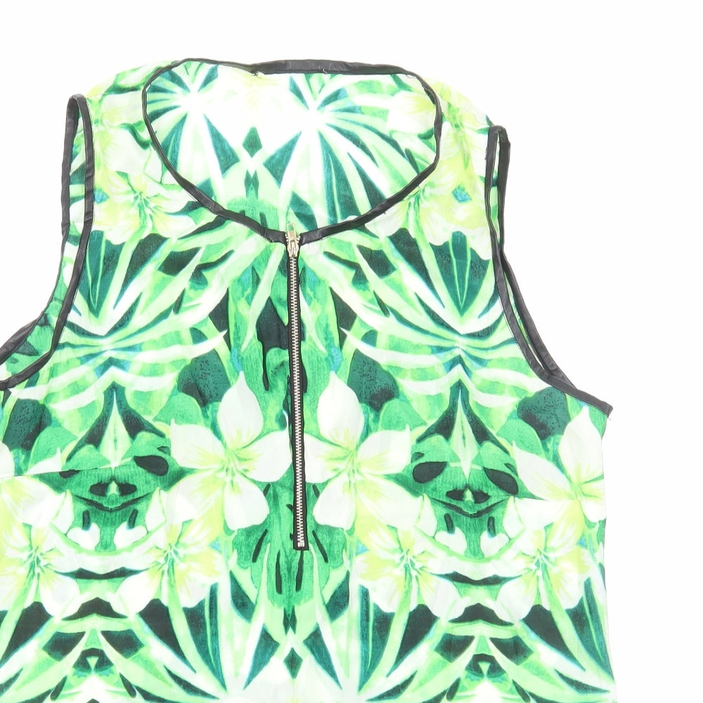 Preworn Womens Green Floral Polyester Basic Blouse Size M Round Neck