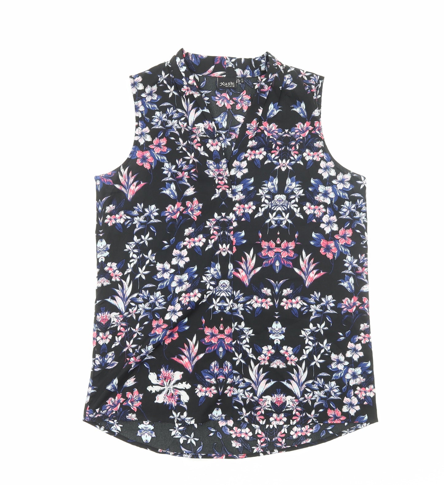 Kushi Womens Black Floral Polyester Basic Blouse Size 10 V-Neck