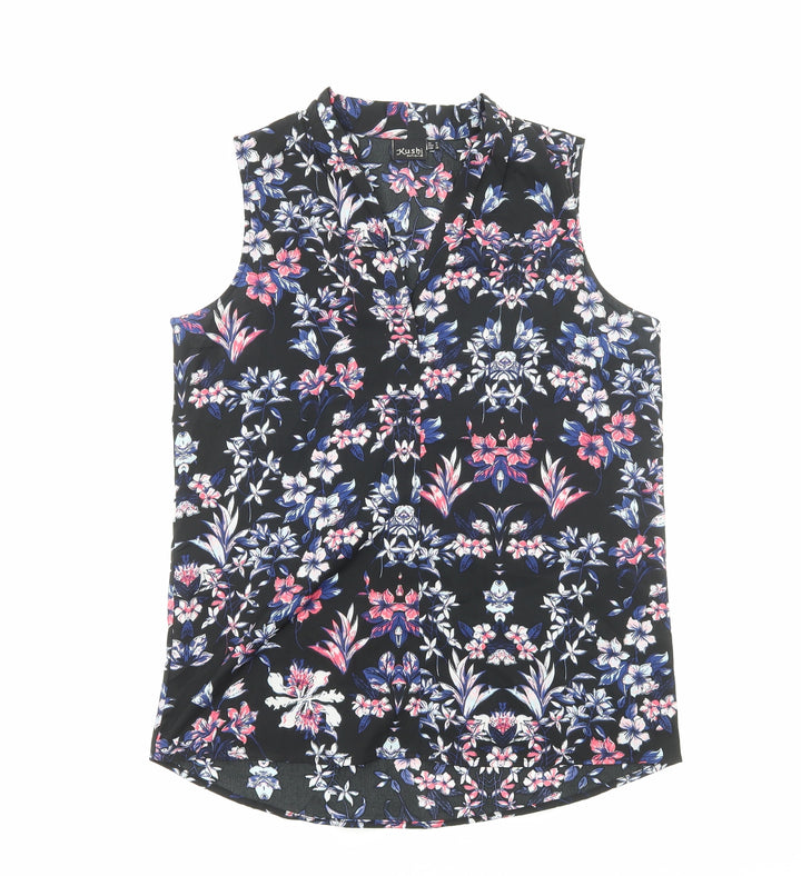 Kushi Womens Black Floral Polyester Basic Blouse Size 10 V-Neck