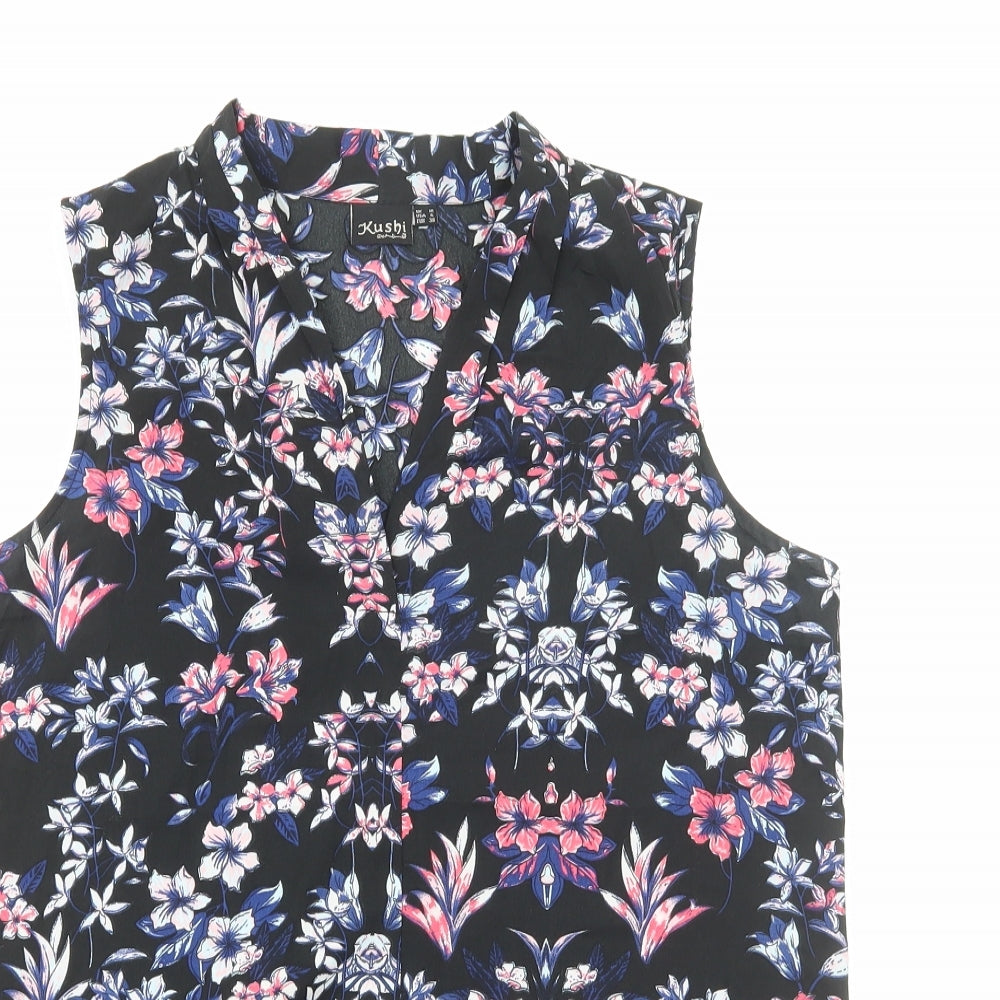 Kushi Womens Black Floral Polyester Basic Blouse Size 10 V-Neck