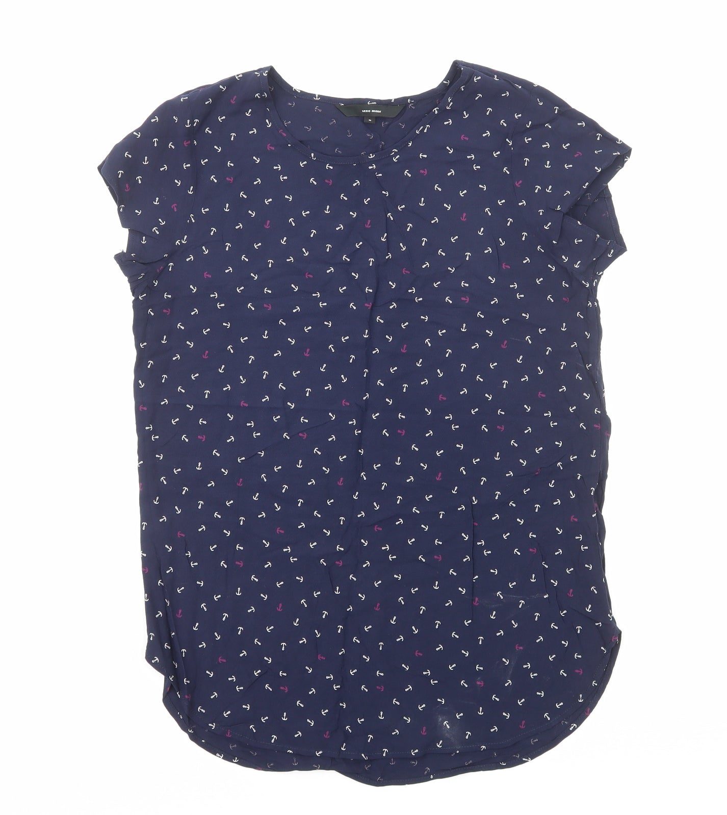 VERO MODA Womens Blue Geometric Viscose Basic Blouse Size M Round Neck