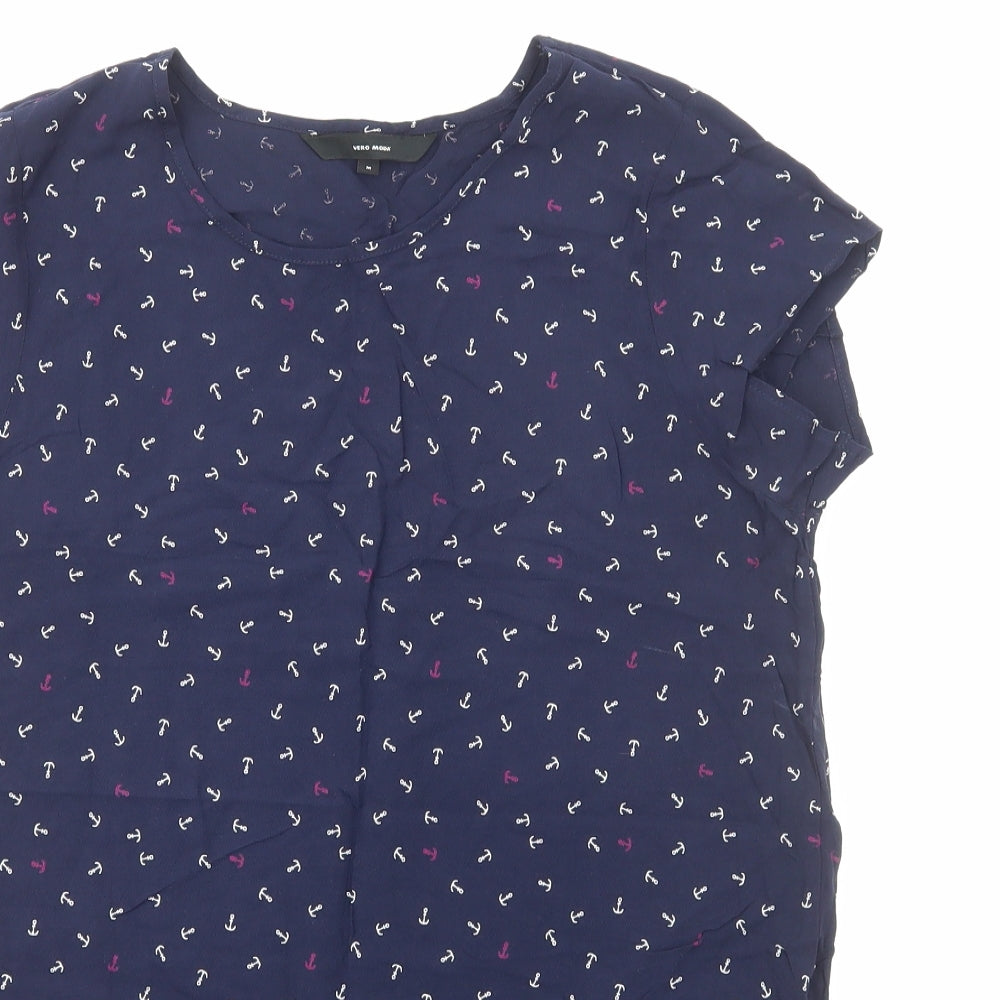 VERO MODA Womens Blue Geometric Viscose Basic Blouse Size M Round Neck