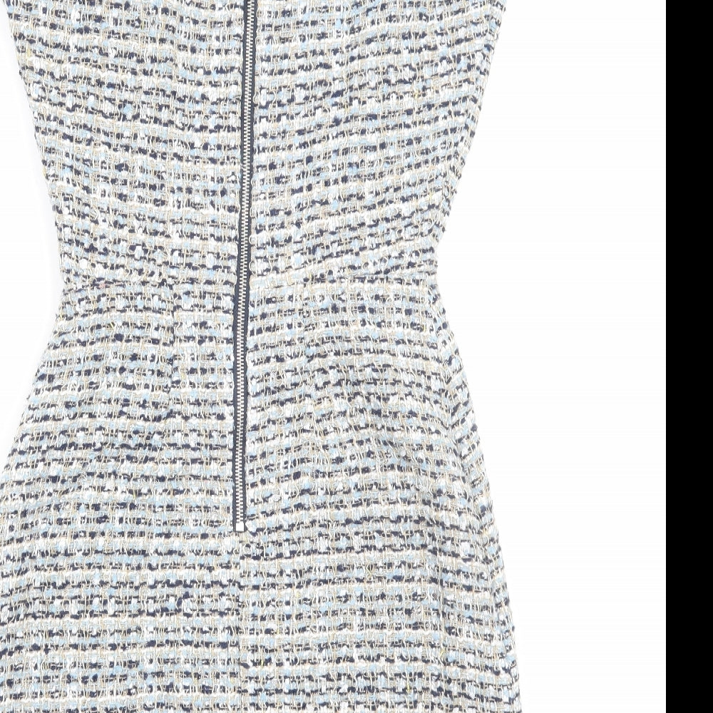 Apricot Womens Blue Geometric Polyester A-Line Size 8 Round Neck Zip