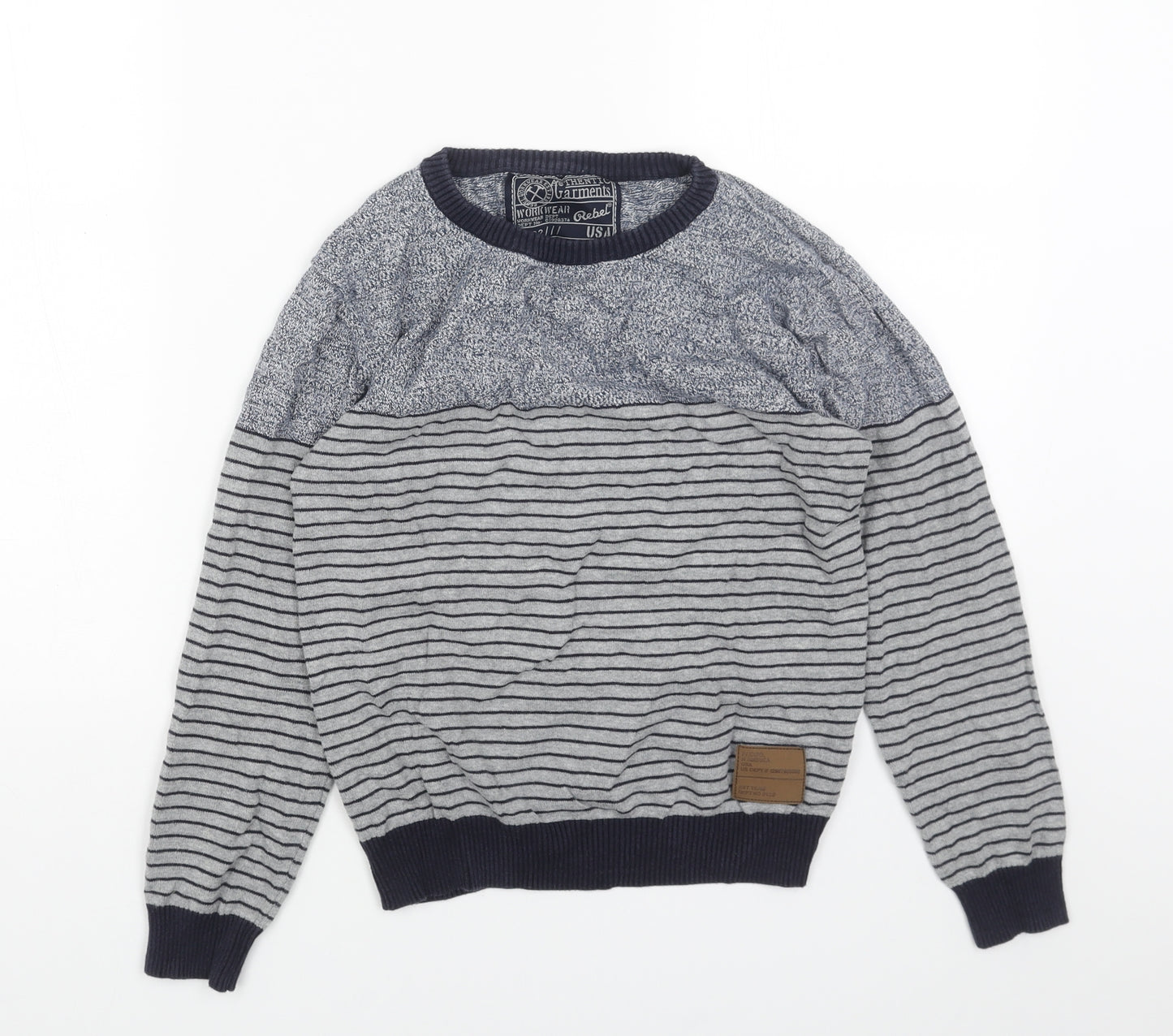 Rebel Boys Grey Round Neck Striped Acrylic Pullover Jumper Size 11-12 Years Pullover