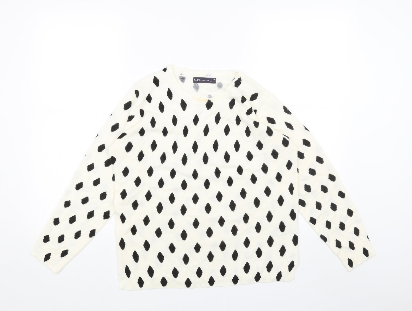 Marks and Spencer Womens White Round Neck Geometric Acrylic Pullover Jumper Size 14