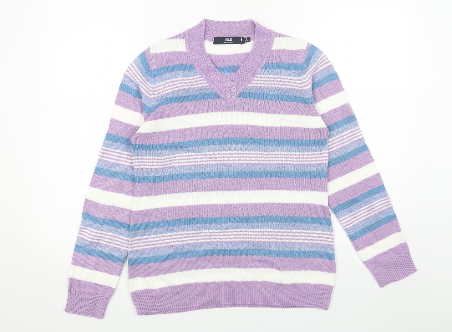 EWM Womens Purple V-Neck Striped Acrylic Pullover Jumper Size S