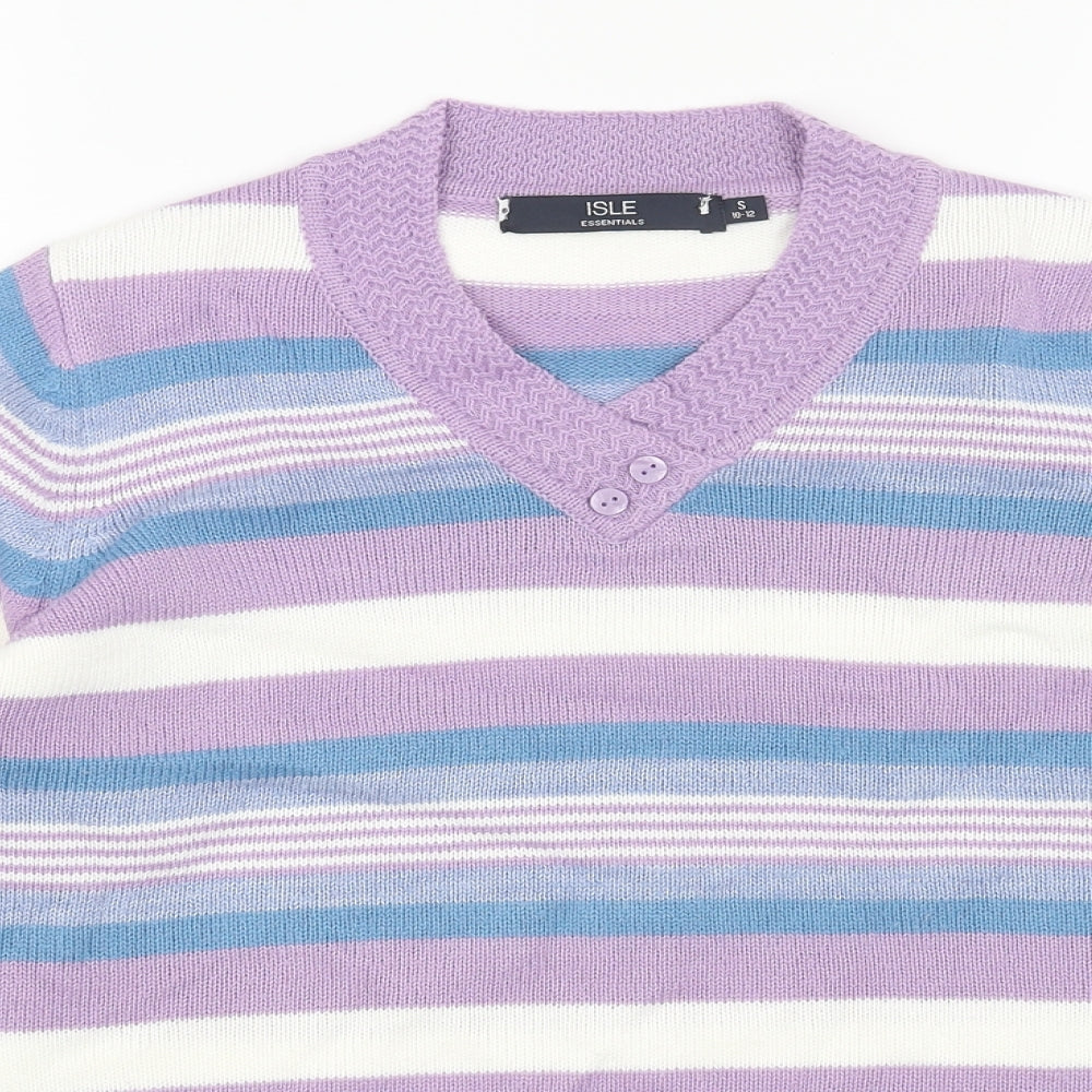 EWM Womens Purple V-Neck Striped Acrylic Pullover Jumper Size S