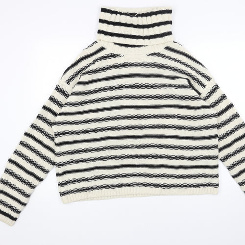 H&M Womens White Roll Neck Striped Acrylic Pullover Jumper Size S