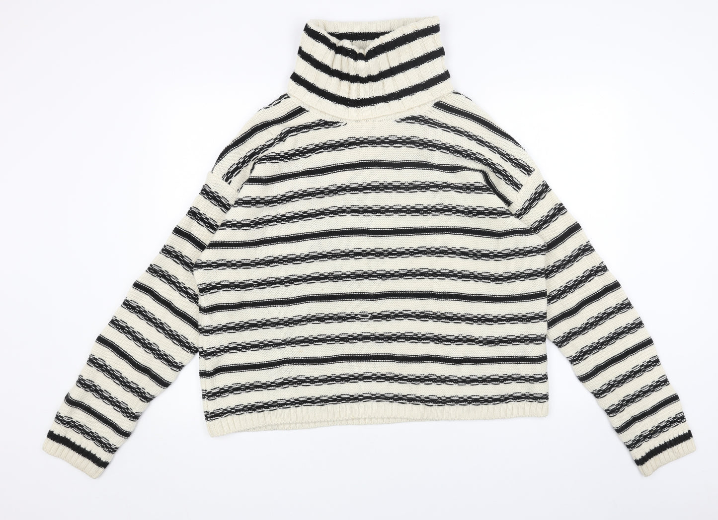 H&M Womens White Roll Neck Striped Acrylic Pullover Jumper Size S