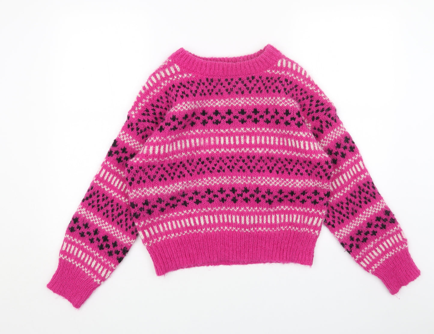 Primark Womens Pink Round Neck Geometric Acrylic Pullover Jumper Size S - Cropped