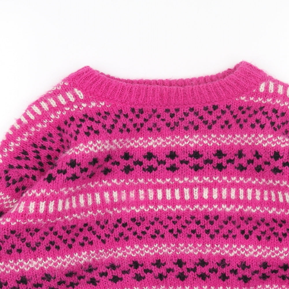 Primark Womens Pink Round Neck Geometric Acrylic Pullover Jumper Size S - Cropped