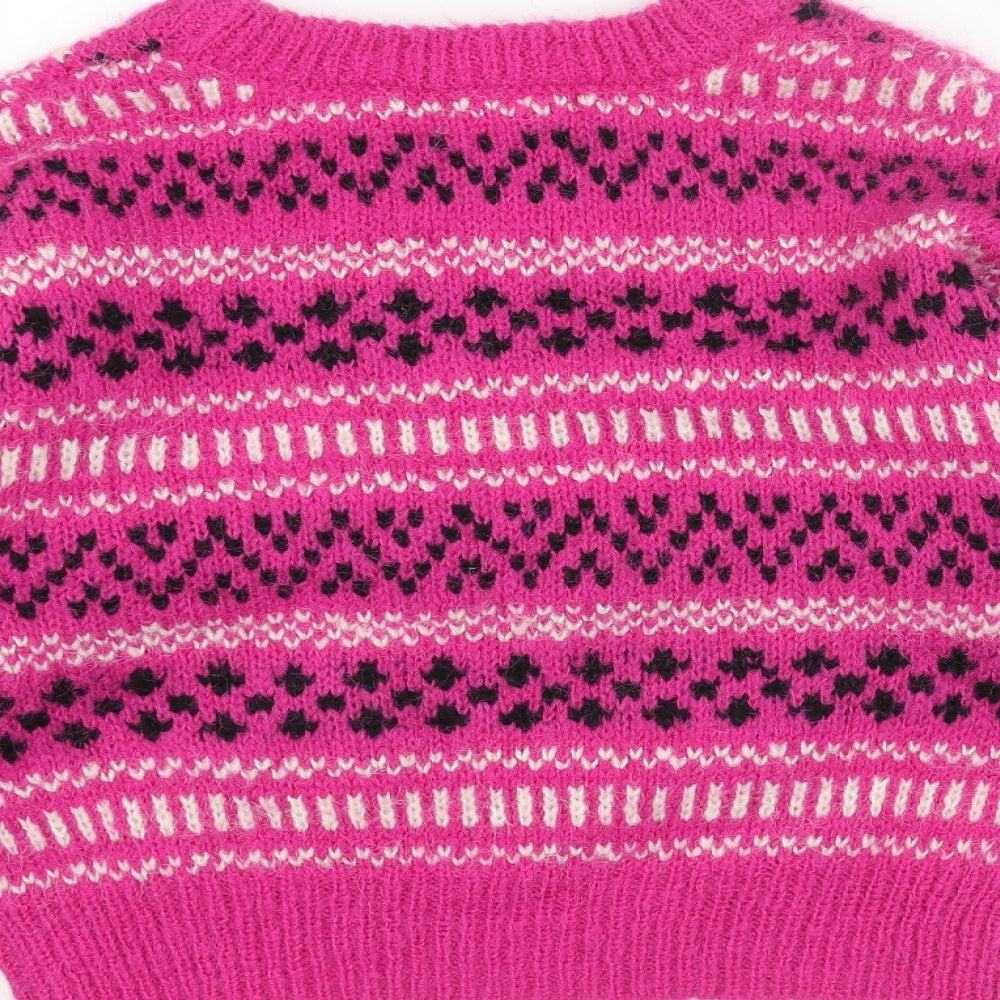 Primark Womens Pink Round Neck Geometric Acrylic Pullover Jumper Size S - Cropped