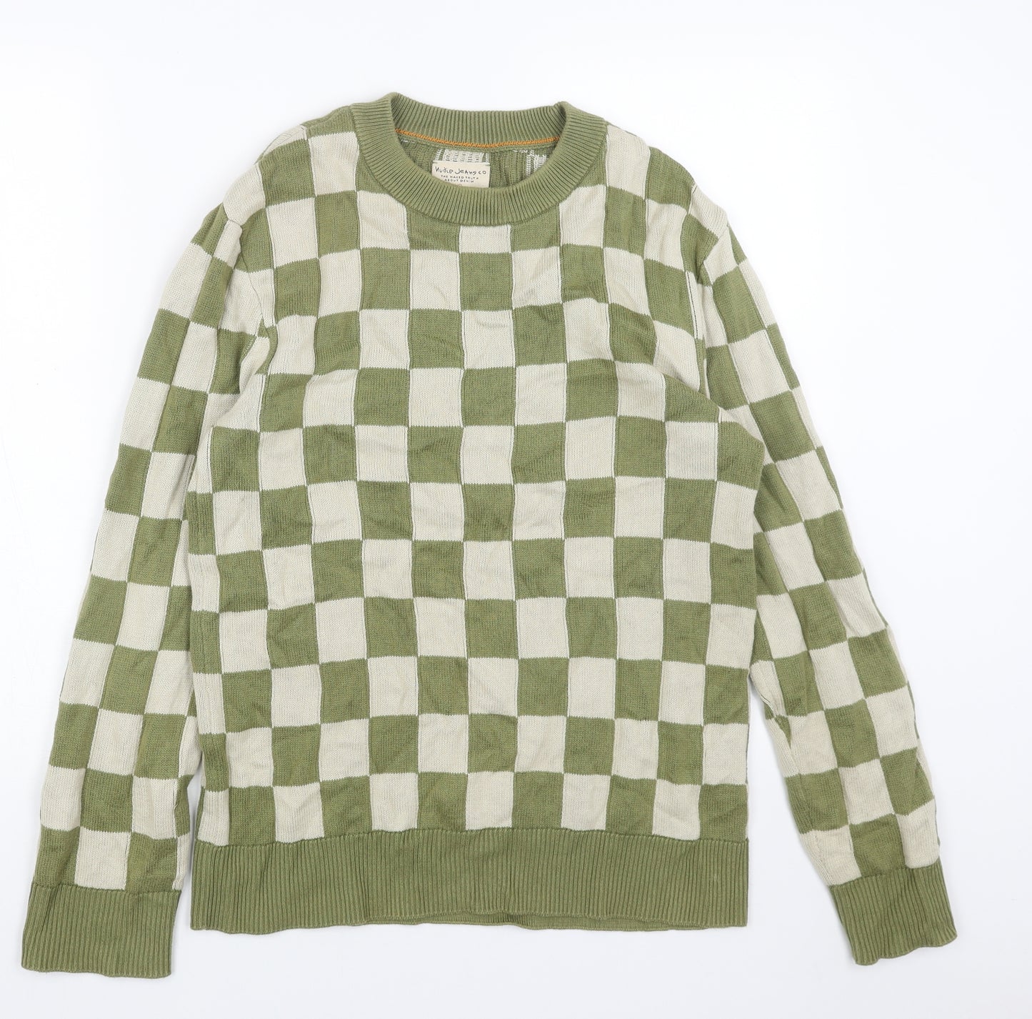 Nudie Womens Green Round Neck Check Acrylic Pullover Jumper Size XS