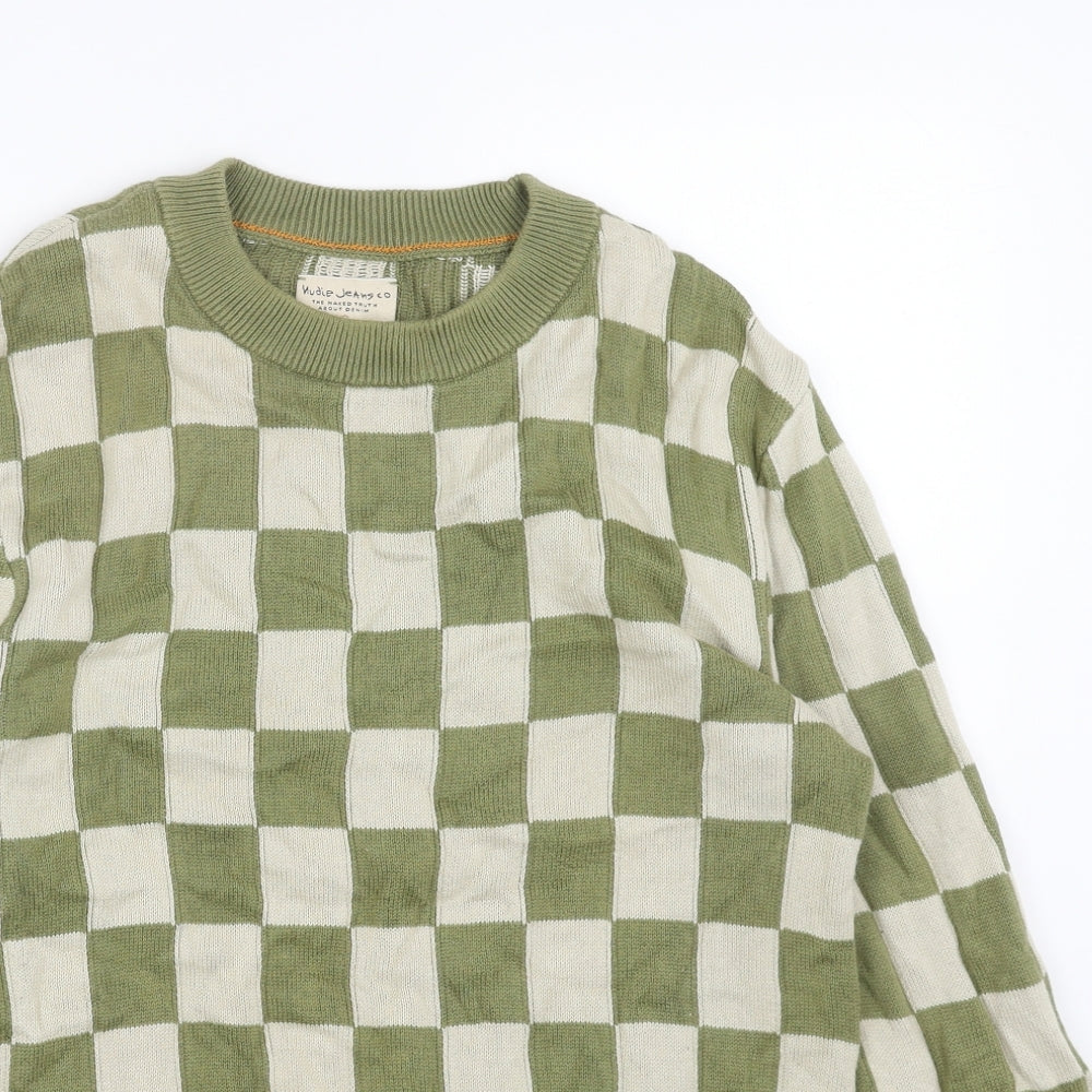 Nudie Womens Green Round Neck Check Acrylic Pullover Jumper Size XS