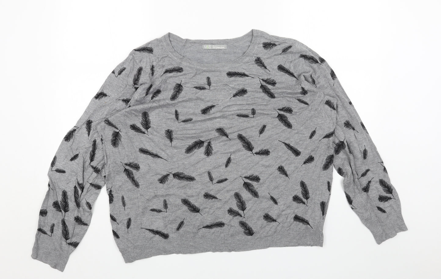 Marks and Spencer Womens Grey Scoop Neck Geometric Viscose Pullover Jumper Size 22 - Feather Print