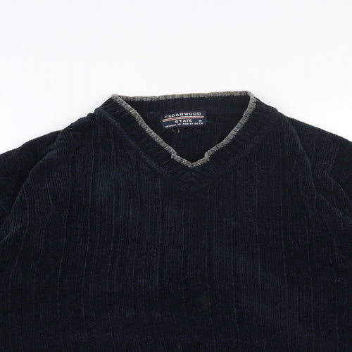 Cedar Wood State Mens Blue V-Neck Polyester Pullover Jumper Size M Long Sleeve