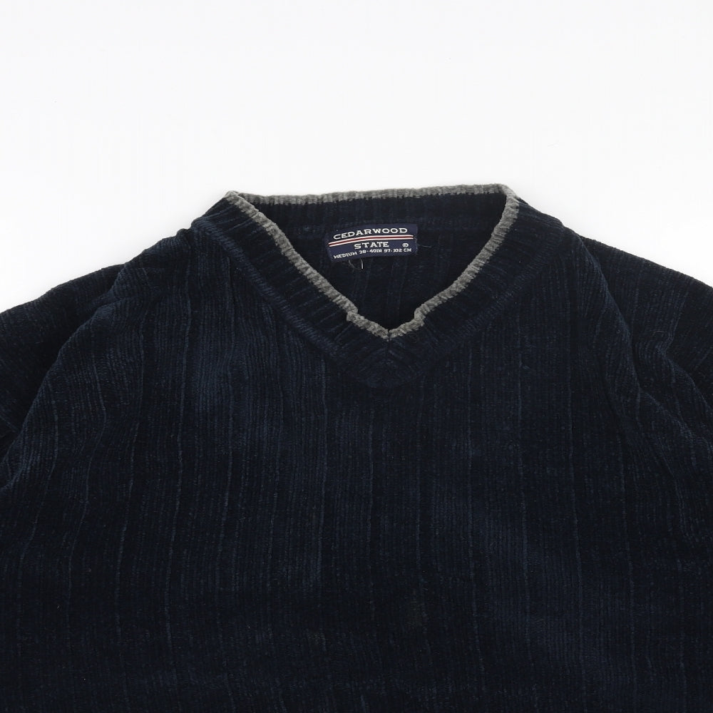Cedar Wood State Mens Blue V-Neck Polyester Pullover Jumper Size M Long Sleeve