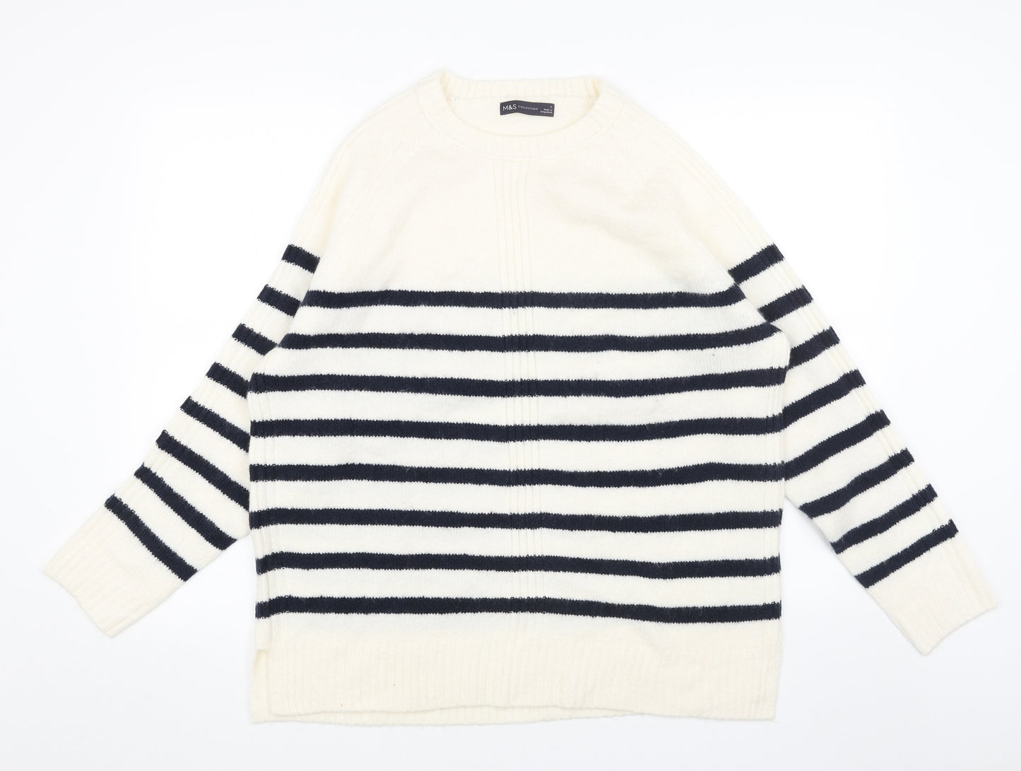 Marks and Spencer Womens White Scoop Neck Striped Acrylic Pullover Jumper Size L